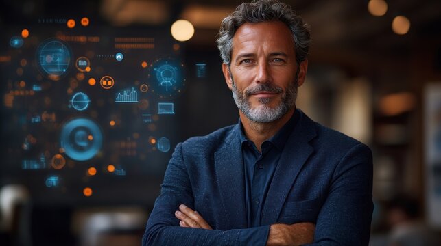 Confident Businessman in Front of a Tech Background