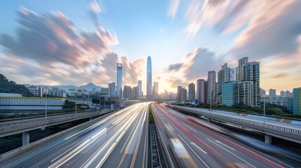 Obraz premium Cityscape with Highway and Dramatic Sky