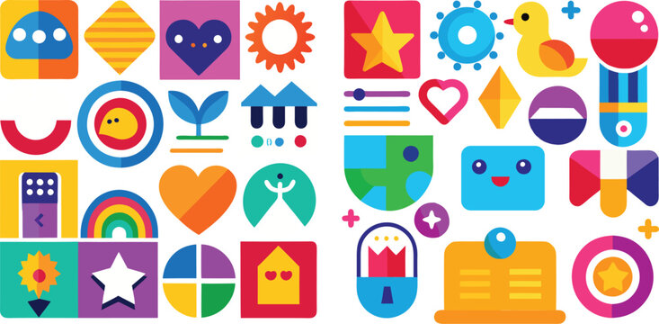 A vibrant collection of icons featuring hearts, stars, suns, ducks, rainbows, and flowers in a grid layout, showcasing a playful and colorful design.