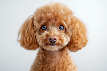 Apricot Poodle with Curly Fur
A small apricot-colored poodle sitting with a fluffy, curly coat