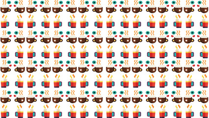 A digital pattern featuring coffee cups, flames, and floral designs in a symmetrical, repetitive arrangement, using warm colors to convey energy and warmth.
