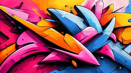 Rhythmic street symphony, abstract shapes and graffiti lines in bold neon hues, sharp angles and smooth curves flowing together, dynamic energy of urban street art,