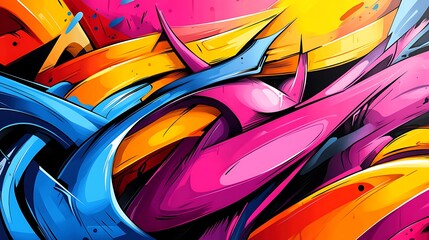 Street art symphony, harmonious mix of bold abstract shapes and graffiti lines, vibrant neon hues and dynamic movement, smooth curves and sharp angles intertwined,