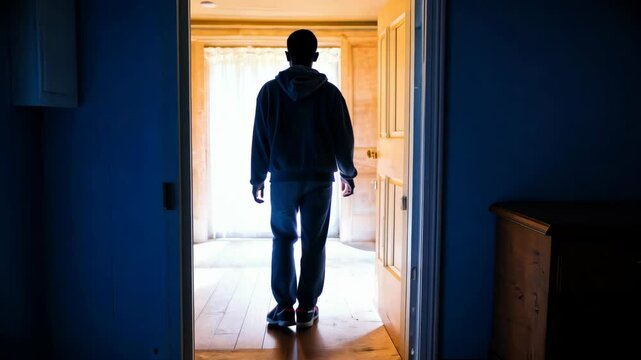 Mysterious silhouette in eerie hallway with blue light, creating a suspenseful atmosphere.
