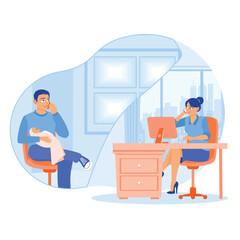 Father holding and caring for a baby. The young man is on duty with his wife working in an office. Maternity and paternity leave concept. Flat vector illustration.