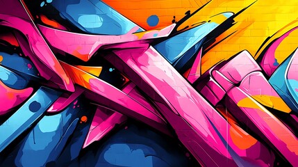 Street art symphony, harmonious mix of bold abstract shapes and graffiti lines, vibrant neon hues and dynamic movement, smooth curves and sharp angles intertwined,