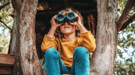 A child in a treehouse uses binoculars to scout the backyard for their next adventure