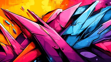 Street symphony of bold graffiti lines and abstract shapes, vibrant neon colors flowing in rhythmic harmony, sharp angles and fluid curves blending seamlessly, chaotic yet balanced energy,