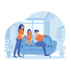 Young parents read a book to their daughter in the living room. Parents spend their free time with children. Maternity and paternity leave concept. Flat vector illustration.