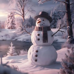 A snowman with a full moon in the background.