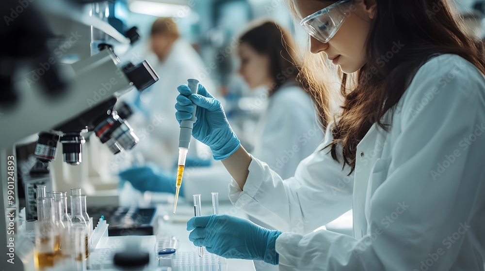 Poster female scientist in lab using pipette and microscope