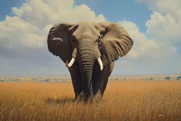 Majestic elephant in a golden savanna under a cloudy sky