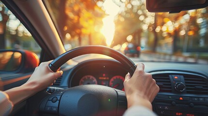 Close-up of a Driver's Hands on the Steering Wheel of a Car