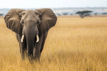 Fototapeta premium Elephant standing tall in a vast African grassland