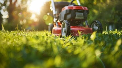 Close-up of Lawn Mower Cutting Grass with Sun Flare