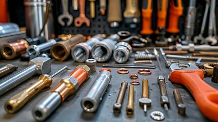 Fototapeta premium Close-up of various metal tools and parts scattered on a workbench