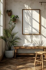 A serene interior features natural light, plants, and wooden furniture, creating a calming and inviting atmosphere.