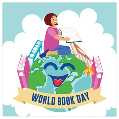A girl sits on a globe with colorful books. White clouds background. World Book Day concept. Flat vector illustration.