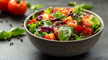 A close-up of a salad bowl surrounded by fresh ingredients on a plain background, leaving space for text on the left