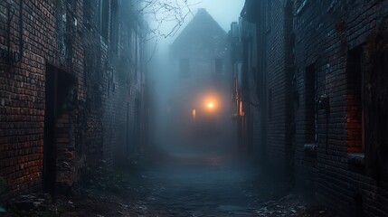 A fog-covered alleyway lined with old decaying brick buildings dimly lit by a single flickering light