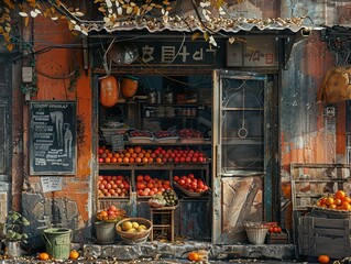 Vintage Fruit Stand in a Bustling Asian City