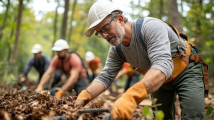 Volunteers restoring a forest ecosystem, clearing debris, with towering trees and wildlife returning, symbolizing environmental conservation efforts