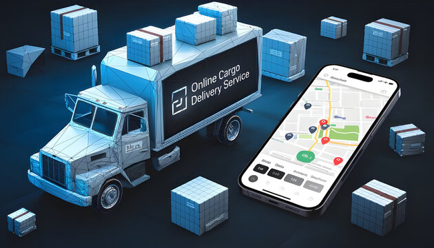 Polygonal 3d truck, parcels and smartphone in dark blue background. Online cargo delivery service, logistics or tracking app concept. Abstract vector illustration of online freight delivery service.