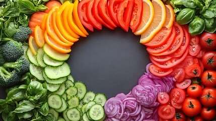 A fresh assortment of colorful vegetables arranged in a semi-circle on a plain background, leaving room for text in the center