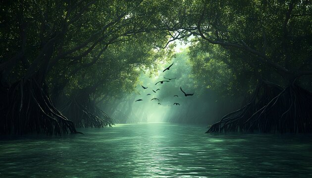 A dense mangrove forest with twisted roots stretching into the water, and birds flying above