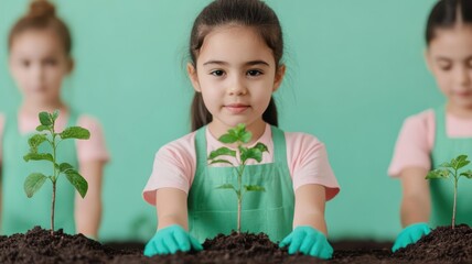 Group of kids planting trees in a park on cleanup day, vibrant green leaves and blue skies symbolizing hope for environmental restoration