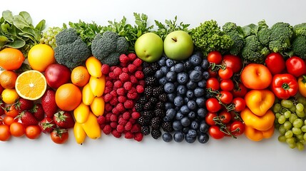 A fresh, vibrant display of fruits and vegetables arranged on a white surface with a large open space for text on the side