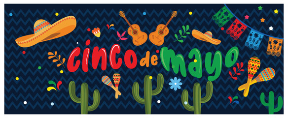 Federal holidays in Mexico. Cinco de Mayo with flag, sombrero, and other symbols. Cinco de Mayo concept. Flat vector illustration.