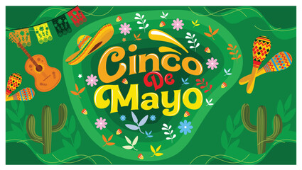 Cinco de Mayo celebration with paper flags and other symbols. Handwritten Cinco de Mayo with a sombrero hat. Cinco de Mayo concept. Flat vector illustration.