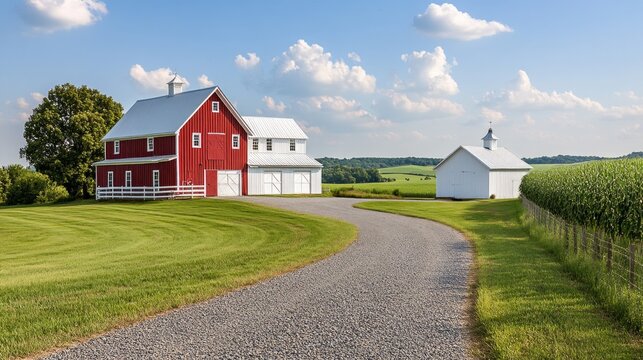 Classic red barn and white farmhouse nestled in vibrant green fields, gravel driveway leading to a serene rural setting, embodying timeless countryside charm and tranquility