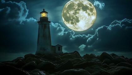 A full moon glows behind dark clouds over an abandoned lighthouse casting eerie light on the rocks below