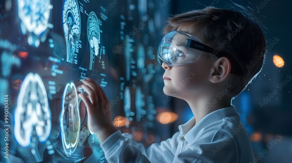 Poster exceptional child demonstrating advanced learning in virtual classroom with cognitive enhancements