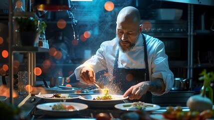 A Genetically Enhanced Chef Expertly Crafting Exquisite Dishes in a High Tech Culinary Workspace