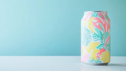 A large can of colorful sparkling water stands out on a plain white table against a bright backdrop, highlighting its animated tropical design and cheerful colors