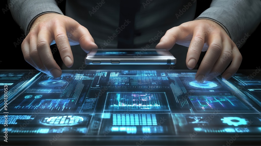 Aufkleber hands actively engaged with a smartphone atop a high-tech digital interface, illustrating the fusion