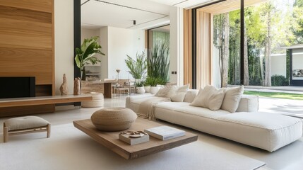 A contemporary living room showcases minimalist decor with natural materials, clean lines, and ample natural light, creating an elegant and airy atmosphere