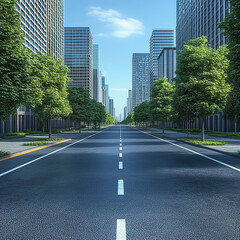 Obraz premium A straight road with trees on both sides, city buildings in the background