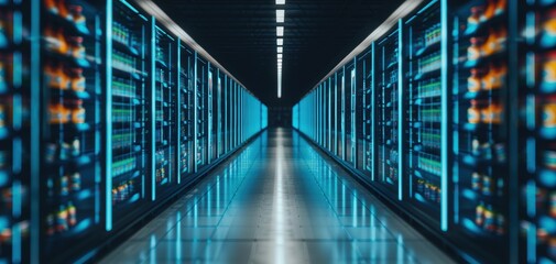 Fototapeta premium A modern data center with rows of glowing servers, showcasing advanced technology and efficient organization in a high-tech environment.