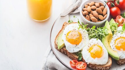 Start your day with a vibrant breakfast featuring poached eggs on whole grain toast, paired with avocado, cherry tomatoes, microgreens, fresh juice, and nuts