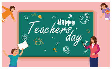 Female teacher and students in the classroom. Happy Teacher's Day greetings on the blackboard. Teacher's Day concept. Flat vector illustration.