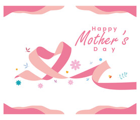 Heart-shaped pink ribbon. Happy Mother's Day with flowers. Mother's Day concept. Flat vector illustration.