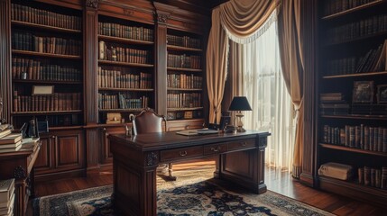 Colonial-Style Study Interior, featuring dark wood bookshelves, a large desk, elegant drapery, creating a formal yet inviting atmosphere for reading and working.