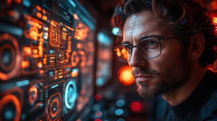 Man Looking at Computer Screen with Futuristic Interface