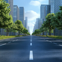 A straight road with trees on both sides, city buildings in the background