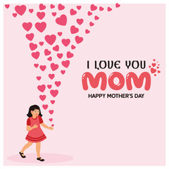 Little girl and flying pink paper heart. Symbol of love for Mother's Day. Mother's Day concept. Flat vector illustration.