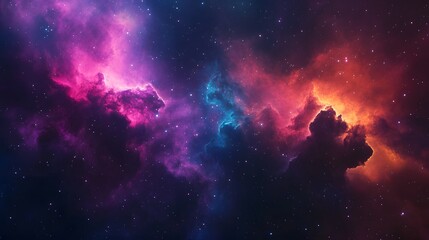 Naklejka premium A vibrant nebula in a starry night sky, with red, pink, and blue gas clouds